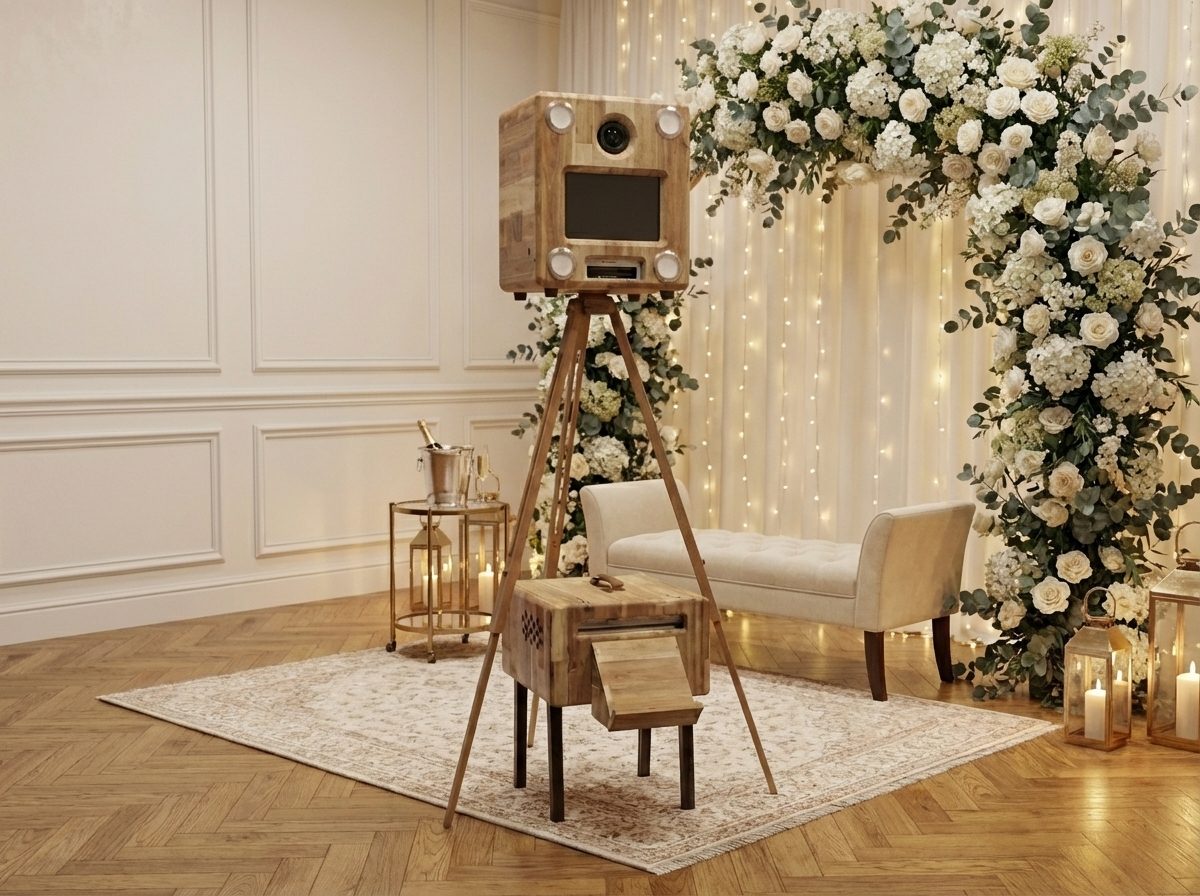 Photobooth Blankbox en bois avec arche florale